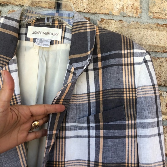 Jones New York Vintage Korea Made Linen Cotton Blend Gray Cream Plaid jacket 8 - Picture 3 of 15